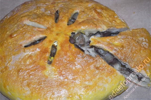 Фыджин, осетинский мясной пирог с куриными желудками испечен до румяной корочки